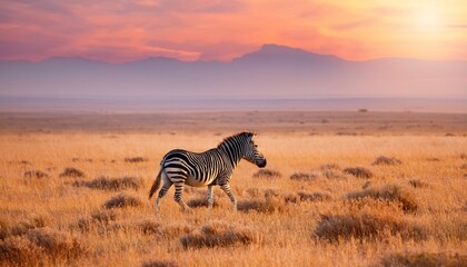 Obraz premium A solitary zebra gracefully walks across the vast, golden steppe in the early morning light, its distinctive stripes gleaming, a serene sight in an unusual habitat
