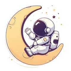 A cartoon astronaut sitting on a crescent moon waving to the stars