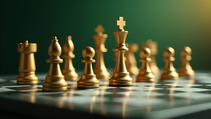 Golden chess set on marble board featuring king queen pieces soft green background elegant strategic ambiance concept as Close up chessboard golden pieces highlights luxurious strategy calm green back