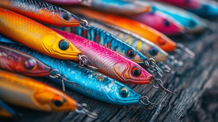 Colorful fishing lures displayed on a wooden surface showcasing vibrant hues and intricate designs