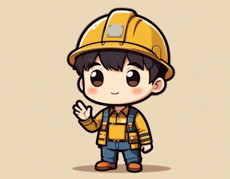 Cute Construction Worker Cartoon Character Waving Hand and Wearing Hard Hat