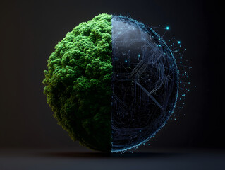 A stylized futuristic representation of Earth, covered with lush green moss and digital lights, symbolizing sustainability and technology. A concept of eco-friendly innovations and environmental aware