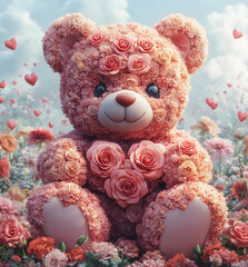 A charming teddy bear entirely crafted from pink and peach roses, sitting in a dreamy floral meadow. Delicate petals and a soft glow create a warm and romantic atmosphere.