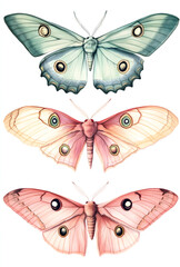 An elegant illustration of three vibrant butterflies with colorful wings in shades of blue, pink, and yellow, gracefully hovering on a clean white background.
