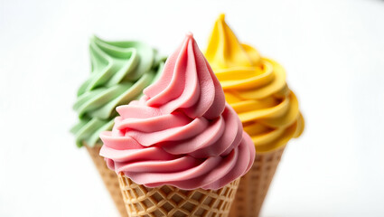 Vibrant Gelato Scoops in Cone: Colorful Melting Treats Perfect for Ice Cream Parlors & Hot Weather Promotions - Stock Photo Concept with Isolated Detail & Empty Space for Customization