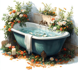 A cozy and romantic depiction of a vintage bathtub filled with flowers, nestled among lush greenery and lit by soft candlelight.

