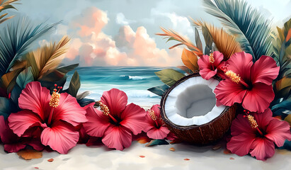 A serene tropical beach setting featuring a fresh coconut, vibrant hibiscus flowers, and palm leaves against a dreamy ocean backdrop. A perfect scene of summer relaxation.