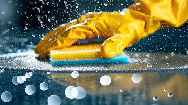Efficient cleaning with yellow glove and sponge on blue surface