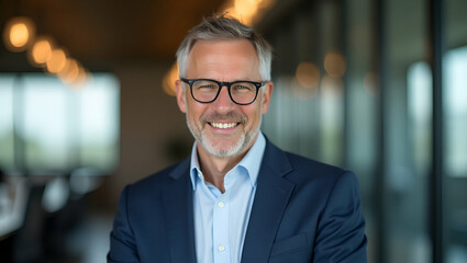 Fototapeta premium Confident middle aged businessman executive and manager stands in office wearing glasses poses for headshot close up portrait showcasing professionalism and maturity concept as Confident middle aged b