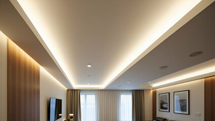 Sleek Recessed Ceiling Design with Integrated LED Strip Lighting: Elevate Your Modern Space Concept with Elegant Photo Stock Ideas and Creative Empty Space on the Left Side