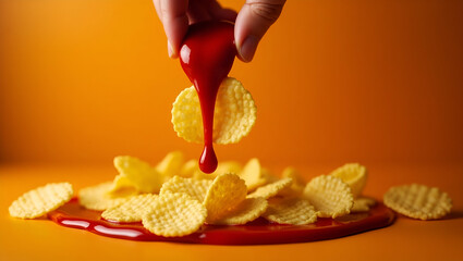 Flat Crisp golden chip drizzling ketchup tangy flavor brand highlight comfort food marketing delight tempting visual synergy concept as Mouthwatering close up spotlights crunchy potato snack bright co