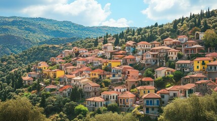 Fototapeta premium A picturesque village of hillside homes and lush greenery sits