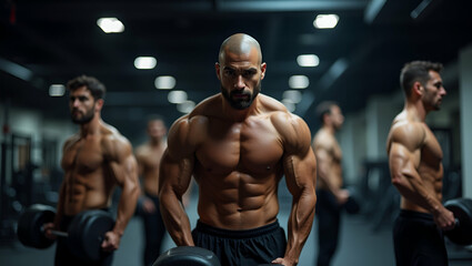 Fototapeta premium Flat Strong athlete man trains in gym invests disciplined routine builds healthy lifestyle synergy brand alignment fosters reliability positive role model influences fitness concept as A weightlifter 