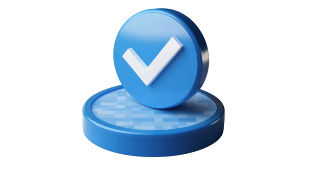 blue button with white check 3d render icon isolated on white background