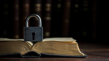 Metal Padlock on Gilded Antique Book Against Dark Bookshelves
