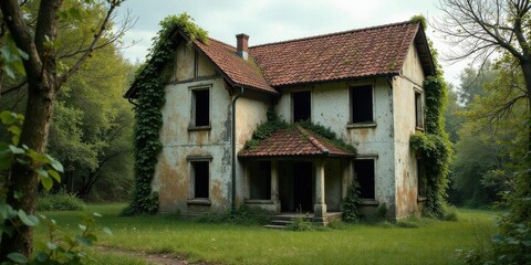 Fototapeta premium Overgrown Abandoned House in Wooded Area, Showing Signs of Decay and Neglect, Ivy Climbing Walls, Empty Windows, Rustic Charm