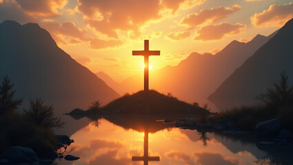 Cross Silhouette on Mountain at Sunset: A Serene Reflection of Faith and Spirituality in Nature's Tranquil Landscape - Perfect for Photo Stock with Empty Space