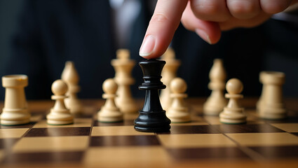 Strategic Leadership: Hand Moves Black King on Chessboard Illustration