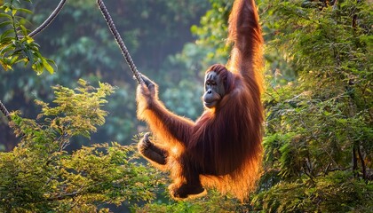 Naklejka premium A graceful Sumatran orangutan, with its distinctive long, orange hair, effortlessly swings from branch to branch in the dense rainforest canopy, a symbol of arboreal agility.