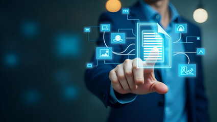 Flat Business Hand Clicking Virtual Screen: Streamlined Document Management with Online Databases, Digital File Storage, and Efficient Record Keeping in a Cute Vector Illustration