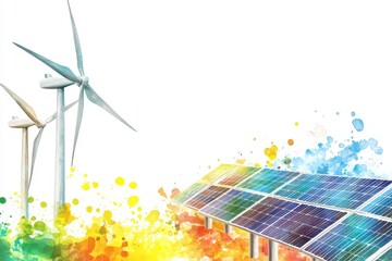 Vibrant Watercolor Illustration of Wind Turbines and Solar Panels