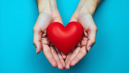 Top View of Hands Holding a Red Heart on Blue Background: Symbolizing Healthcare, Wellbeing, Organ Donation, and Life Insurance for World Heart Day - Stock Photo Concept with Empty Space