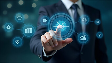 Flat Hand Reviewing Holographic Business Audit Device: Analyzing Compliance Target Data with Cute Vector Illustrations for Smart Business Insights