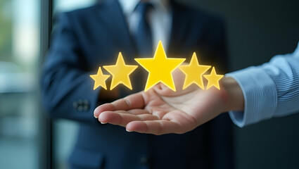 Client Hand Displaying Five-Star Rating: Symbolizing Excellent Service, Top Customer Satisfaction, and Best Product Reviews in Customer Experience Concept - Stock Photo