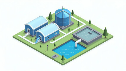 Minimalist Isometric Icon of Water Treatment Plant with Tanks and Pipes: Ideal for Environmental Projects and Water Management Designs in Stock Photos with Space for Customization