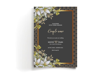 WEDDING INVITATION FRAME WITH FLOWER DECORATIONS AND FRESH LEAVES