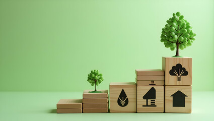 Wooden Cubes Icons Representing CO2 Reduction: Achieving Carbon Neutrality and Net Zero Greenhouse Gas Emissions Through Circular Economy Principles - Stock Photo Concept