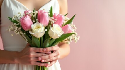 Delicate hands gently holding a bouquet of fresh pink tulips, white roses, and soft baby’s breath