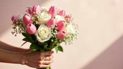 Delicate hands gently holding a bouquet of fresh pink tulips, white roses, and soft baby’s breath