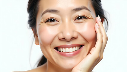 Obraz premium Stunning Close-Up of a Happy 50-Year-Old Asian Woman Showcasing Anti-Wrinkle Skin Care Treatment