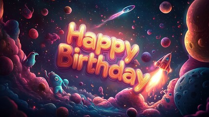 A whimsical intergalactic birthday celebration, "Happy Birthday" cut-out letters surrounded by friendly aliens, glowing asteroids, and a colorful cosmic sky, a rocket ship zooming past,