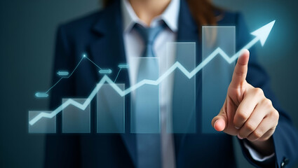 Businesswoman Pointing at Digital Growth Graph: Investment Success Concept