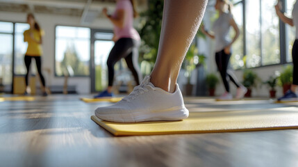 group of people participating in corporate wellness program, exercising on mats
