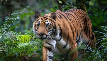 Obraz premium A Sumatran tiger, with bold and vibrant stripes, silently stalks through the dense forest, its keen eyes locked onto its prey in the shadowy undergrowth, blending seamlessly with the jungle