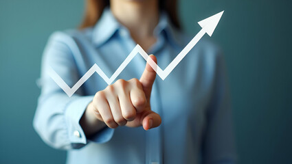 Empowering Businesswomen: A Flat Vector Illustration of a Professional Woman Pointing at a Digital Arrow Graph Showcasing Investment Profit Growth and Business Development Success