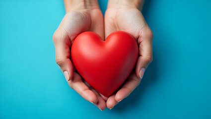 Obraz premium Top view of hands holding red heart on blue background symbolizing healthcare wellbeing organ donation and life insurance for World Heart Day concept as Top view of hands holding a red heart against b