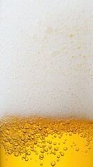 Close-up of bubbles in golden beer with foam head