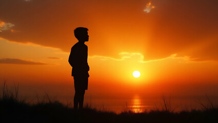 Emotional Silhouette of a Boy Against a Sunset: Artistic Photography Concept with Scenic Background