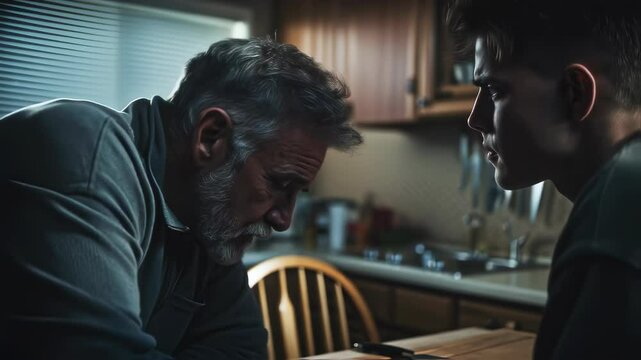 Serious conversation between father and son. Dramatic family concept for emotional storytelling, relationship-themed videos, and challenging life situations visuals.