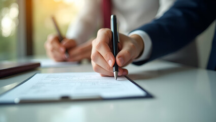 Hand Placing Voter Registration Form on Counter: A Symbol of Networking and Business Relationship Building for Corporate Themes in Professional Imagery - Stock Photo Concept
