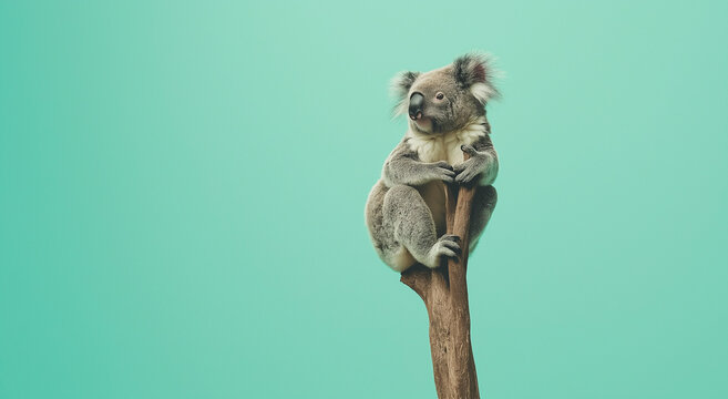 Um coala empoleirado em um fundo verde menta