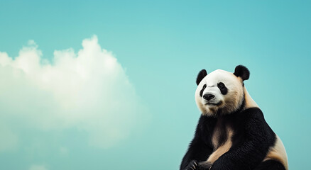 Obraz premium Um panda sentado diante de um fundo azul-celeste,