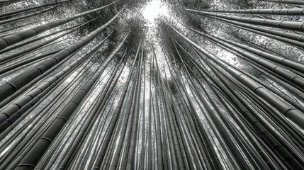 Obraz premium A monochrome photograph looking up through a bamboo forest canopy