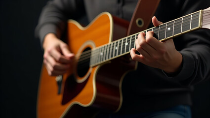 Flat Close up of man hand playing guitar illustrating musical creativity and craftsmanship in performance context. concept as Close up of mans hand playing guitar illustrating musical creativity and c
