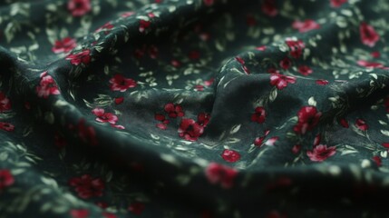 A lightweight linen floral skirt carefully folded on a matte deep olive background