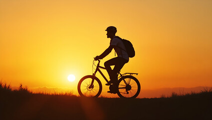 Flat Young Man Riding Bicycle at Sunset: A Vector Illustration of Freedom and Outdoor Adventure